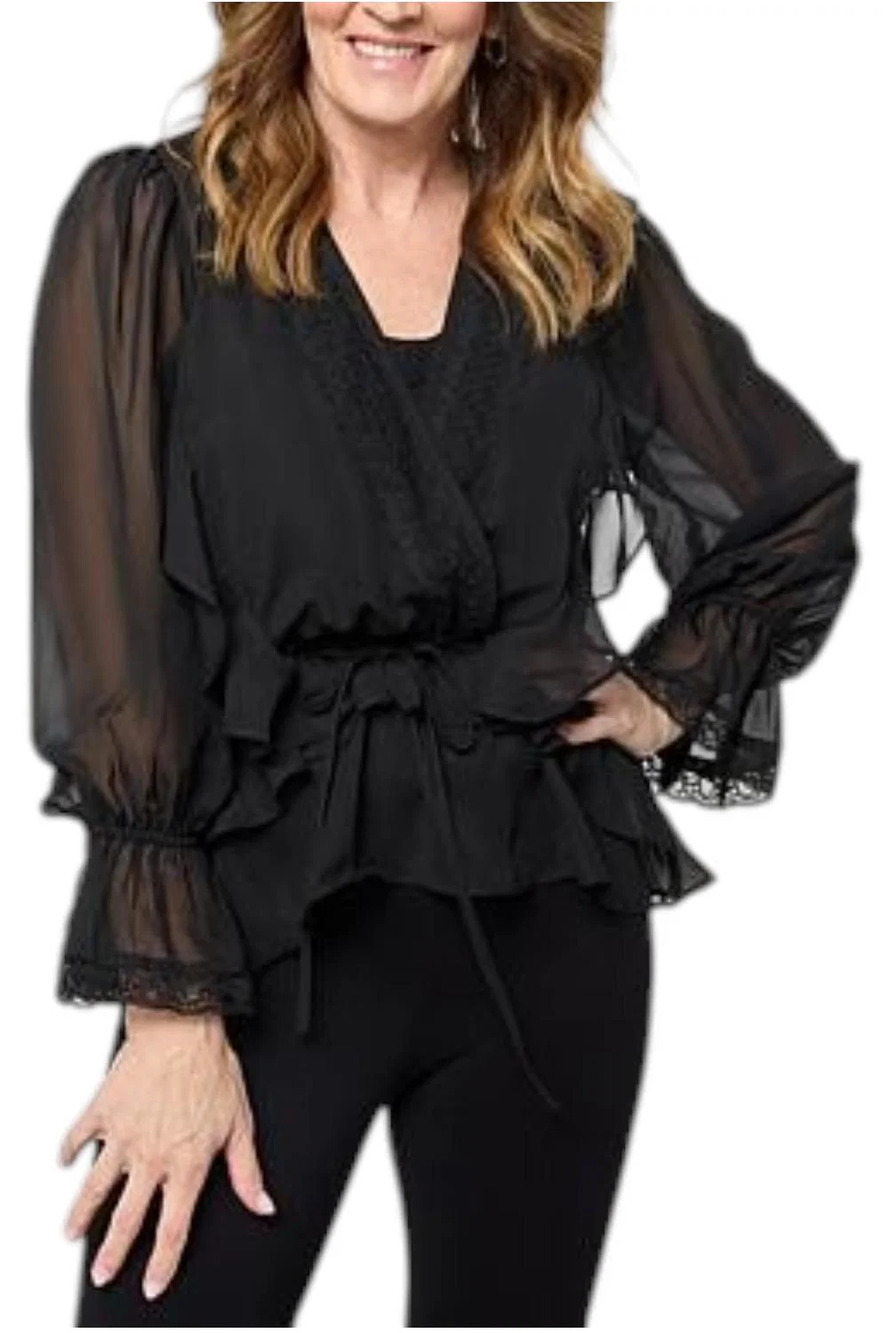 Colleen Lopez Women's Woven Ruffle Front Surplice Blouse Black - Regular